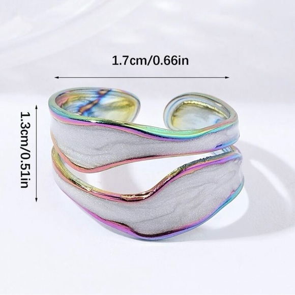 Iridescent Colorful White and Silver Wave Cuff Ring - Picture 2 of 3